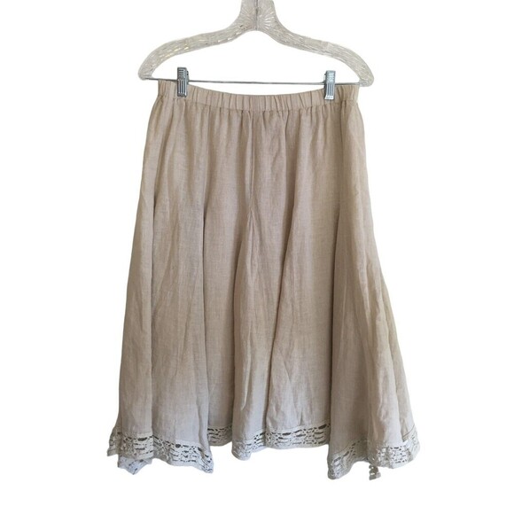 Russ Berens Skirt Women's Size Small Beige Linen Stretchy Waist Lace Trim - Picture 1 of 7
